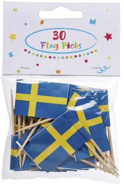 30 Schweden Fähnchen zum Verzieren mit Holzstab