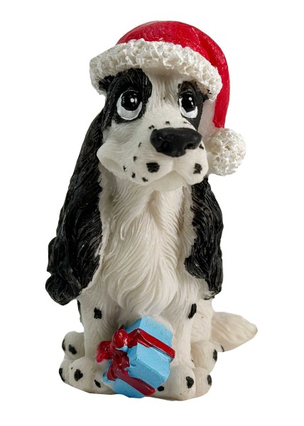 Hund mit blauem Geschenk & Weihnachtsmütze