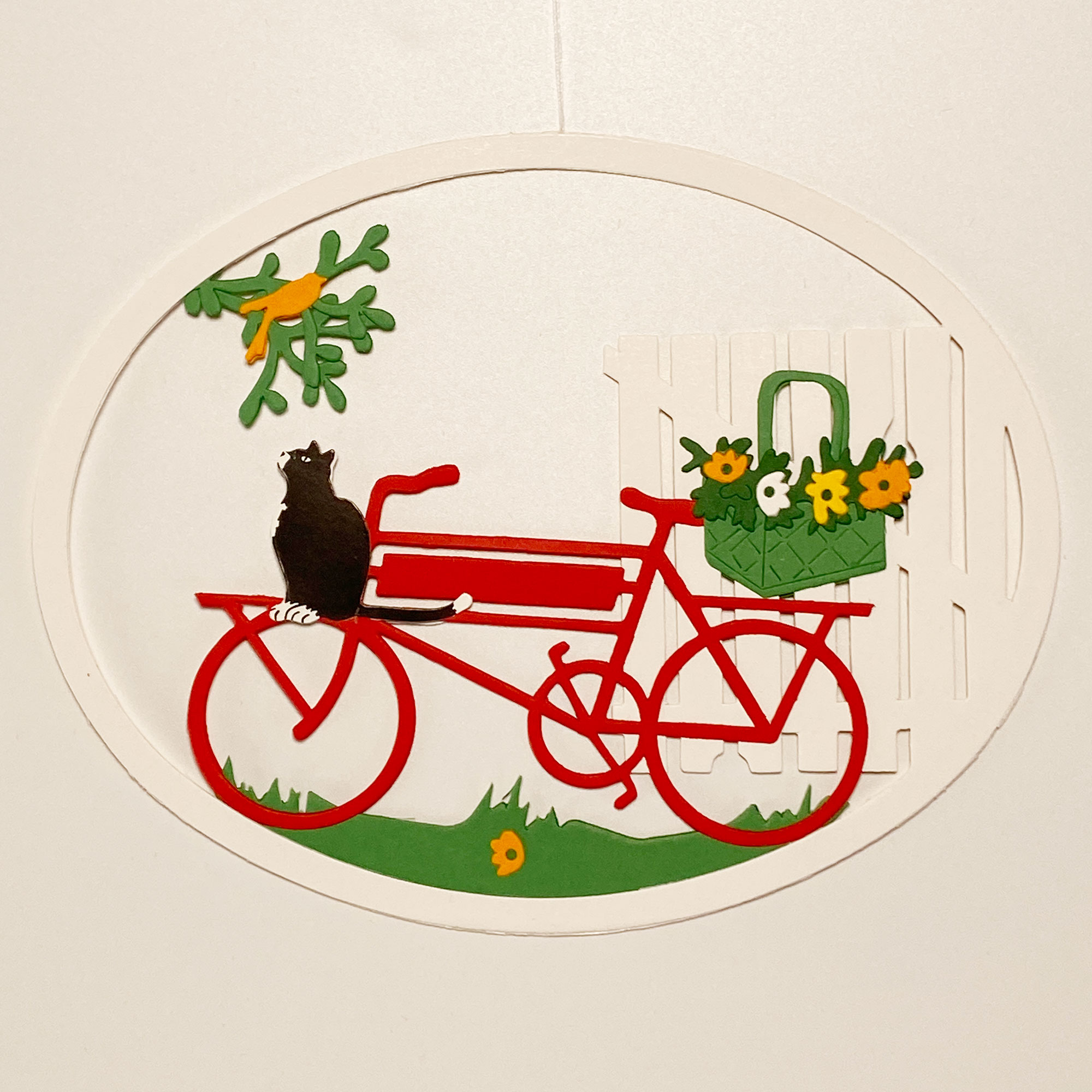 Fensterbild Fahrrad mit Katze und Vogel Fensterbild
