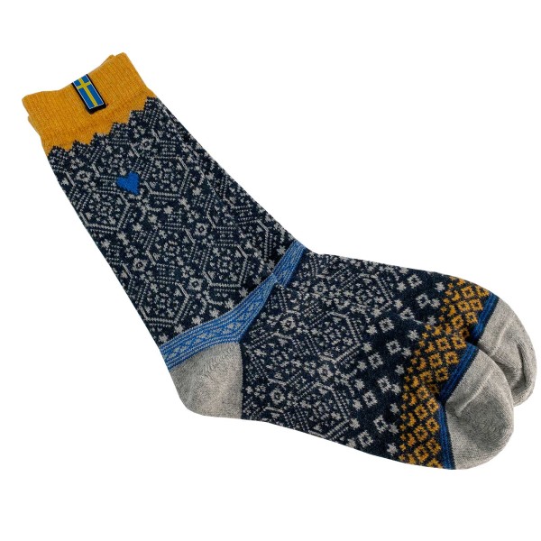 Wollsocken blau/weiß mit Schweden Aufnäher