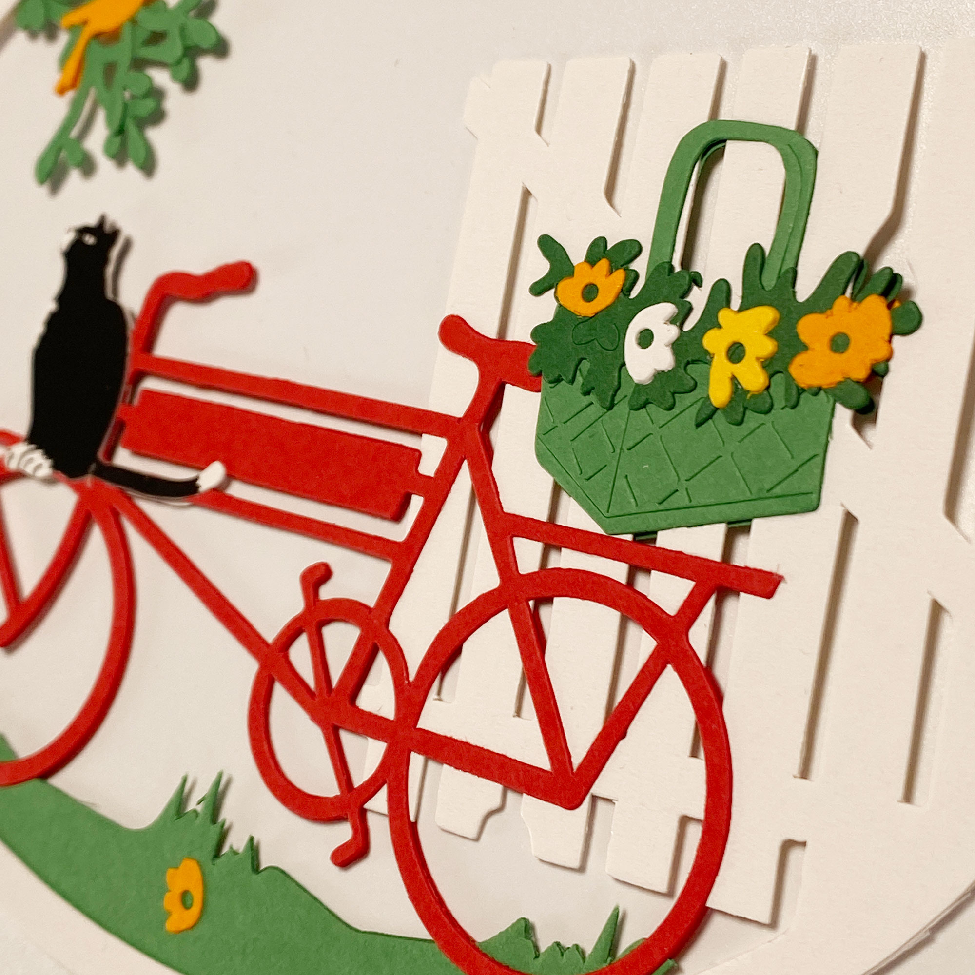 Fensterbild Fahrrad mit Katze und Vogel Fensterbild